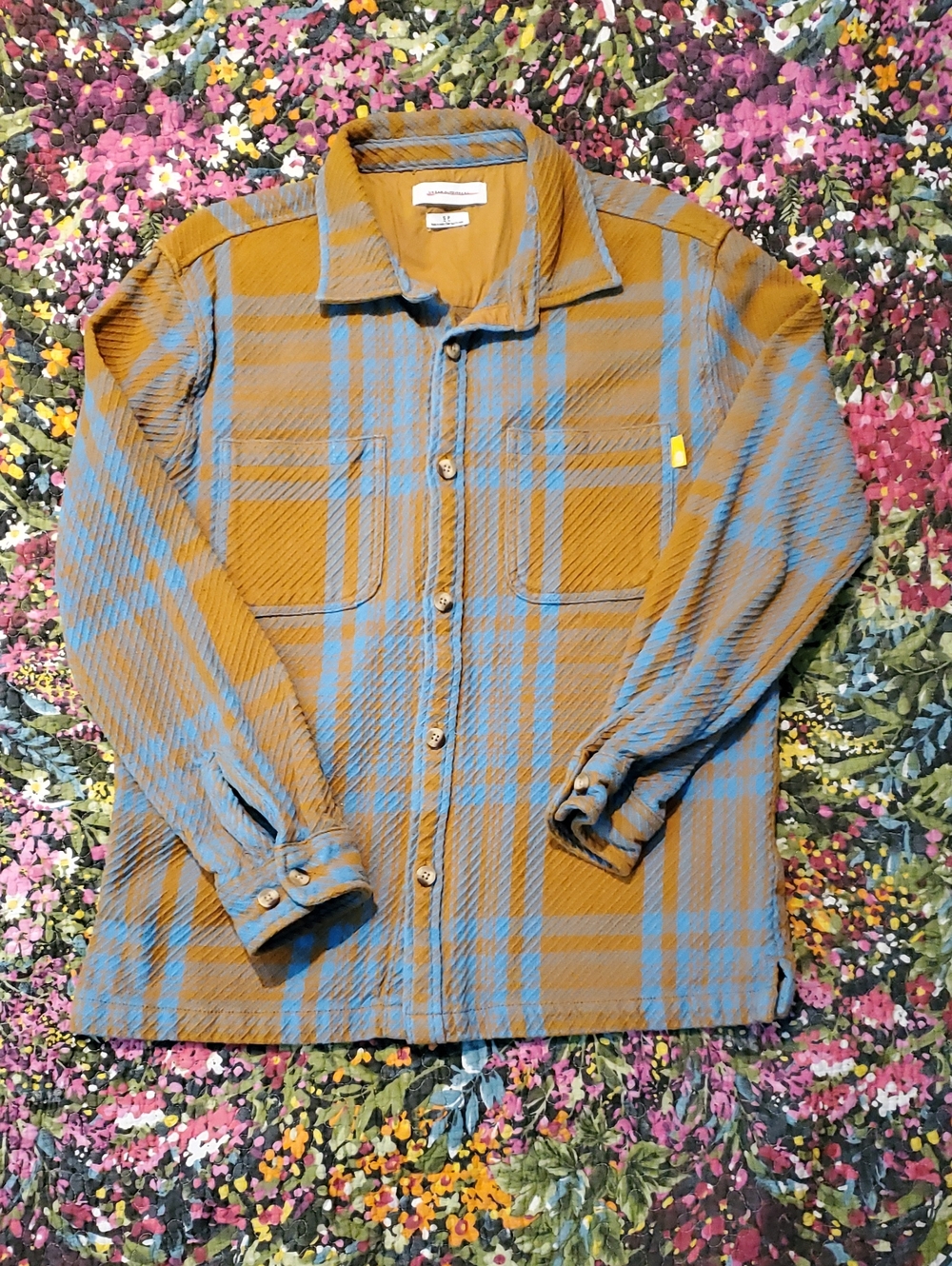 urban outfitters mustard yellow+ sky blue plaid cotton shirt/shacket men's small